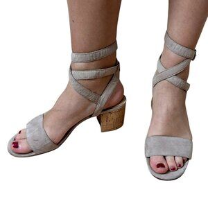 POUR LA VICTOIRE Wrap Up Suede Neutral Nude Sandals Cork Heels Size 8.5